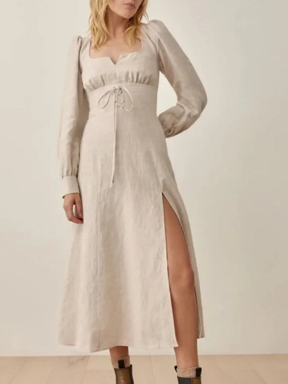 Reformation Anton Linen Dress in Oatmeal Size 4